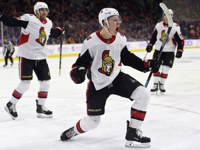 The Ottawa Senators' Brady Tkachuk celebrates after scoring a goal during the third period against the Philadelphia Flyers on Tuesday, Nov. 27, 2018, in Philadelphia.