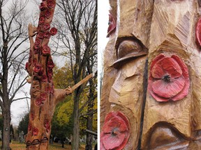 Master woodcarver and chainsaw artist Peter Van Adrichem created the “Armistice Tree” for Beechwood Cemetery out of a century-old maple that was ready to be cut down.
