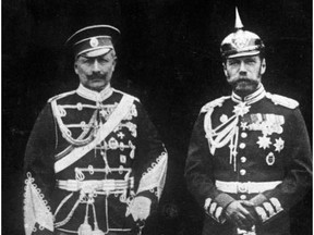 Emperor Wilhelm II of Germany (left) in Russian uniform, and Tsar Nicholas II of Russia (right) in Prussian uniform. (Date  1905). The Ottawa Citizen, 100 years ago, lauded the end of both regimes.