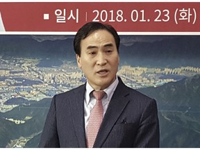 In this Jan. 23, 2018, photo, Kim Jong Yang, the senior vice president of Interpol executive committee, speaks during a press conference in Changwon, South Korea. On Wednesday, Nov. 21, 2028, Interpol elected Kim Jong Yang as its president in a blow to Russian efforts at naming one of their own.