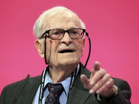 This Sept. 24, 2014 photo shows World War II veteran and political activist Harry Leslie Smith speaking during the Labour Party annual conference, in Manchester. His son John said on Twitter that Smith died Wednesday, Nov. 28, 2018 in Canada at 95 after being hospitalized following a recent fall.