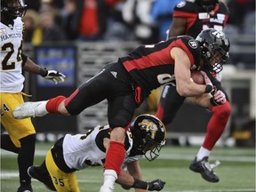 Ottawa Redblacks' Greg Ellingson (82) makes the touchdown during second-half CFL East Division Final football game action against the Hamilton Tiger-Cats in Ottawa, Ontario, Sunday, Nov. 18, 2018.