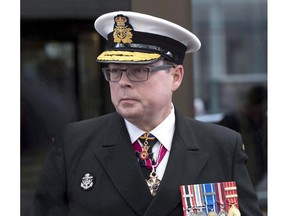 Vice-Admiral Mark Norman speaks briefly to reporters as he leaves the courthouse in Ottawa on Tuesday, April 10, 2018. Suspended Vice-Admiral Mark Norman is back in court today, where his lawyers and those representing the media are fighting different battles with the government and Crown for access to different documents.