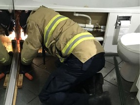 An Ottawa Fire Services firefighter from Station 22 works on rescuing Willy the cat from a tight space next to a hot tub on Friday. Ottawa Fire Services photo.
