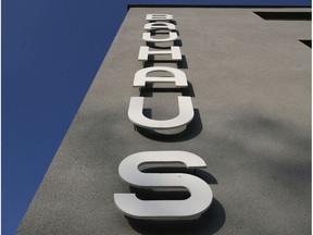 View of one of the wings of the Bauhaus building bearing the name of the building in Dessau. The building housed the Bauhaus design school from 1926 to 1932.