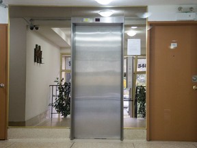 The building at 345 Laurier Ave. East has had no working elevator at all since mid-July. This is the elevator as seen from the front lobby. The building is 10 storeys.