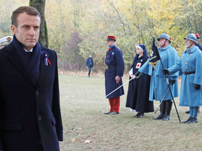 French President Emmanuel Macron at a ceremony in tribute to French soldiers killed in August 1914, in Morhange, France, Nov. 5, 2018.