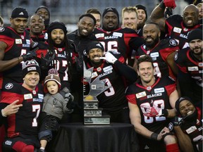 Ottawa Redblacks celebrate their win over the Hamilton Tiger-Cats to take the CFL East Division final in Ottawa on Sunday, Nov. 18, 2018.