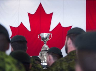 The Grey Cup is showcased at Canadian Forces Base Edmonton on Tuesday.