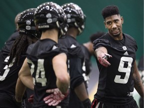 Redblacks cornerback Jonathan Rose (9) talks to teammates during a Grey Cup week practice in Edmonton.