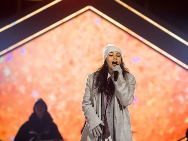 Alessia Cara performs during the half time show at the 106th Grey Cup between the Calgary Stampeders and the Ottawa Redblacks in Edmonton, Alta. Sunday, Nov. 25, 2018.