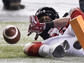 Ottawa Redblacks wide receiver Greg Ellingson (82) misses a catch for a touchdown during the second half of the 106th Grey Cup against the Ottawa Redblacks in Edmonton, Alta. Sunday, Nov. 25, 2018.