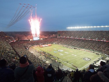 The Canadian Forces Snowbirds fly over at the start of the 106th Grey Cup between the Ottawa Redblacks and Calgary Stampeders at Commonwealth Stadium in Edmonton, Sunday, November 25, 2018.