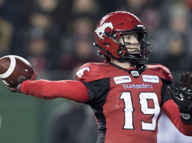 Calgary Stampeders quarterback Bo Levi Mitchell (19) throws the ball during the first half of the 106th Grey Cup against the Ottawa Redblacks in Edmonton, Alta. Sunday, Nov. 25, 2018.