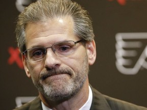 FILE - In this April 11, 2016, file photo, Philadelphia Flyers general manager Ron Hextall speaks with members of the media during a NHL hockey news conference in Voorhees, N.J. The Flyers fired Hextall on Monday, Nov. 26, 2018.