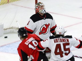 Devils netminder Keith Kinkaid shows his frustration after Ryan Dzingel (18) scores in the third period to give the Senators a 6-2 lead.