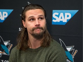 San Jose Shark Erik Karlsson takes questions during a news conference after he practised at the University of Ottawa athletic facility in advance of his first game against his old team, the Ottawa Senators, at Canadian Tire Centre on Saturday.