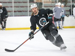 San Jose Shark Erik Karlsson practises at the University of Ottawa athletic facility in advance of his first game against his old team, the Ottawa Senators, at the Canadian Tire Centre on Saturday.