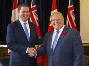 Conservative Party of Canada leader and Official Opposition leader Andrew Scheer visits Ontario Premier Doug Ford at Queen's Park in Toronto, Ont. on Tuesday October 30, 2018.