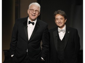 FILE - In this June 8, 2017 file photo, Steve Martin, left, and Martin Short appear at the 45th AFI Life Achievement Award Tribute to Diane Keaton in Los Angeles. Longtime friends Steve Martin and Martin Short are hitting the road again in 2019 with a new show called "Now You See Them, Soon You Won't."