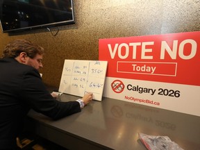 Peter McCaffrey from No Calgary writes down the incoming votes for the plebiscite for the Olympics 2026 at the Kensington Legion in Calgary on Tuesday November 13, 2018.