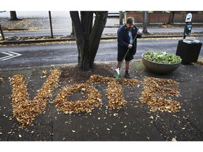 In this Nov. 4, 2018, photo Tim Boyden uses the loose fall leaves in front of his business Out On A Limb Gallery in Eugene, Ore., to encourage people passing by to vote in the midterm election.