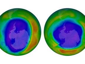 This combination of images made available by NASA shows areas of low ozone above Antarctica on September 2000, left, and September 2018. The purple and blue colours are where there is the least ozone, and the yellows and reds are where there is more ozone.