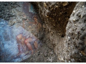 The fresco ''Leda e il cigno'' (Leda and the swan) discovered last Friday in the Regio V archeological area in Pompeii, near Naples, Italy, is seen Monday, Nov. 19, 2018. The fresco depicts a story and art subject of Greek mythology, with goddess Leda being impregnated by Zeus - Jupiter in Roman mythology - in the form of a swan.