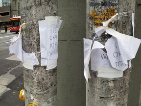 Posters saying "It's ok to be white" on the corner of O'Connor and Slater and O'Connor and Albert.