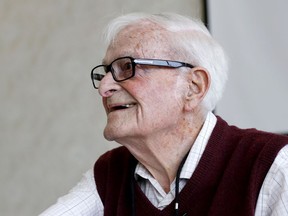 Harry Leslie Smith, author and activist for the poor and for the preservation of social democracy, speaks in Belleville, ON., on Tuesday, Feb. 24, 2015.