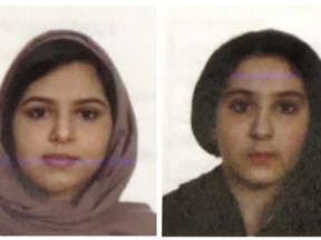 FILE - These two undated file photos provided by the New York City Police Department (NYPD) show sisters Rotana, left, and Tala Farea, whose fully clothed bodies, bound together with tape and facing each other, were discovered on on the banks of New York City's Hudson River waterfront on Oct. 24, 2018. The apparent suicide the sisters highlights the often secretive and risky attempts by Saudi women trying to flee abusive families. (NYPD via AP, File)