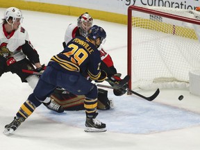 Buffalo Sabres forward Jason Pominville (29) puts the puck past Ottawa Senators goalie Craig Anderson (41) during the first period of an NHL hockey game, Saturday, Nov. 3, 2018, in Buffalo, N.Y.