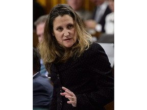 Minister of Foreign Affairs Chrystia Freeland stands during Question Period in the House of Commons on Parliament Hill in Ottawa on Tuesday, Nov. 20, 2018.