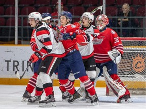 Things get crowded in front of Oshawa Generals goalie Kyle Keyser on Wednesday, Nov. 21, 2018 at TD Place.