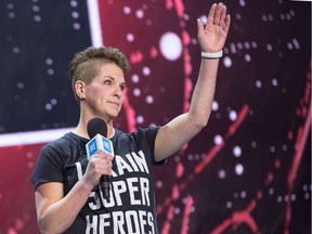 An emotional Tina Boileau, mother of Jonathan Pitre, takes to the stage as WE Day takes place at Canadian Tire Centre in Ottawa to unite young change-makers with world-renowned speakers and performers. A celebration of making doing good, doable, WE Day is a series of 19 stadium sized events held across Canada, the U.S., the U.K. and the Caribbean, as well as WE Day Connect, an interactive, online event accessible to students across the globe. Students in attendance can't buy a ticket--they earn their way by taking action on one local and one global issue, creating lasting social change in their communities. This past year, more than 200,000 students from over 10,000 schools attended WE Day events, alongside thousands who watched online and millions more through two national North American TV broadcasts  Photo by Wayne Cuddington/ Postmedia