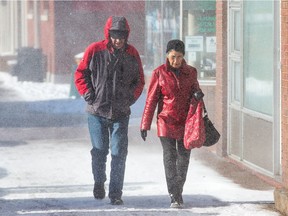 Windy cold weather made it difficult for pedestrians along Wellington Ave. Environment Canada is predicting that it will feel like -25 overnight and warns of the risk of frostbite.
