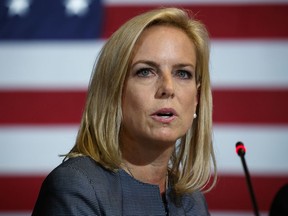 FILE - In this May 23, 2018 file photo, Secretary of Homeland Security Kirstjen Nielsen speaks during a roundtable on immigration policy with President Donald Trump at Morrelly Homeland Security Center, in Bethpage, N.Y. President Donald Trump has soured on Homeland Security Secretary Kirstjen Nielsen and she is expected to leave her job as soon as this week. That's according to two people who spoke to the Associated Press on condition of anonymity.