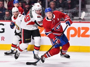 The Ottawa Senators' Drake Batherson, seen pestering Montreal's Brendan Gallagher, hasn't had a point in six games.