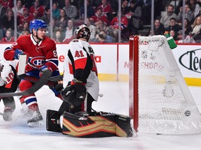 Artturi Lehkonen (62) of the Canadiens scores against Senators goaltender Craig Anderson in the second period of Tuesday's game in Montreal.