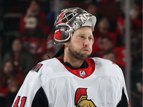 Senators netminder Craig Anderson returns to the net following a second-period TV timeout on Friday night in Newark, N.J.