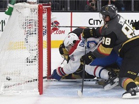 Phillip Danault of the Montreal Canadiens scores his third goal of the game against Marc-André Fleury of the Vegas Golden Knights to tie the game at 3-3 at 18:35 of the third period of their game at T-Mobile Arena on Saturday, Dec. 22, 2018 in Las Vegas.