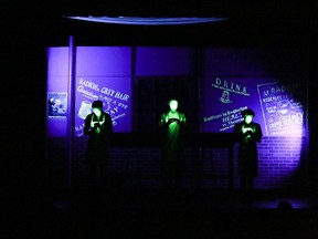 Kathryn Shaub played by Emma Perrault (L), Grace Fryer played by Sierra Labelle (C), and Irene Rudolph played by Hillary Boassaly (R), during St. Mother Teresa High School's Cappies production of Radium Girls, held on December 7, 2018, in Ottawa, ON.