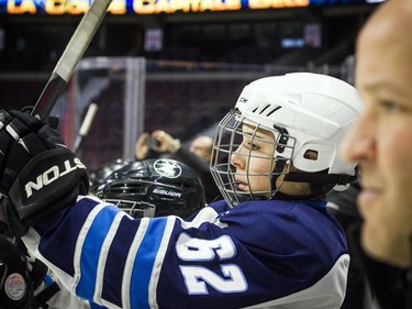 Eloik LeDuc Lindsay of the Jets gets ready to play before Sunday's final.