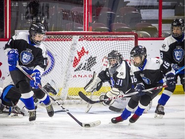 Royals netminder Cameron Gonsalves (31) watches teammate Owen Chambers (11) clear the puck from the front of his net.