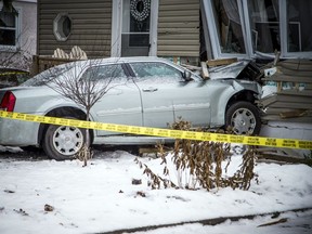 A vehicle fled police and lost control a short distance away, colliding with a home on Jean Talon at Pie-XII early Sunday morning.