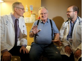 Cancer patient Harold Black, centre, developed a blog clot in late August in his lung that was luckily caught by his doctors. The Ottawa Hospital's chief of medicine, Dr. Phil Wells, left, and Dr. Marc Carrier, a hematologist and senior scientist, have led a Canada-wide clinical trial on the subject and have developed a preventative treatment.