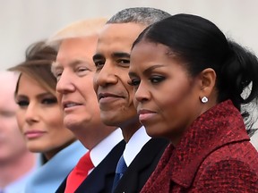 (Left to right) First Lady Melania Trump, President Donald Trump,former President Barack Obama, Michelle Obama at the US Capitol after inauguration ceremonies at the in Washington, DC, on January 20, 2017.