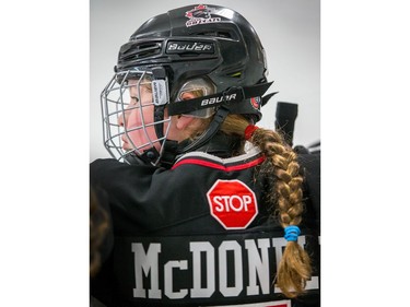 Annie McDonnell of the Nepean Wildcats in the Girls Atom AA division watches action up ice against the Whitby Wolves as the annual Bell Capital Cup hockey tournament for Peewee and Atom level players gets underway at the Bell Sensplex and various arenas across the city.
