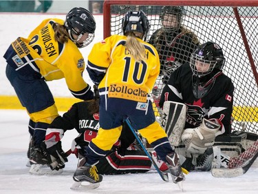 Goalie Rylee Baxter of the Nepean Wildcats in the Girls Atom AA division looks to make a save against the Whitby Wolves as the annual Bell Capital Cup hockey tournament for Peewee and Atom level players gets underway at the Bell Sensplex and various arenas across the city.