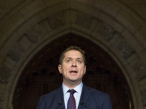 Leader of the Opposition Andrew Scheer holds an end of session news conference in the Foyer of the House of Commons in Ottawa, Thursday December 13, 2018.